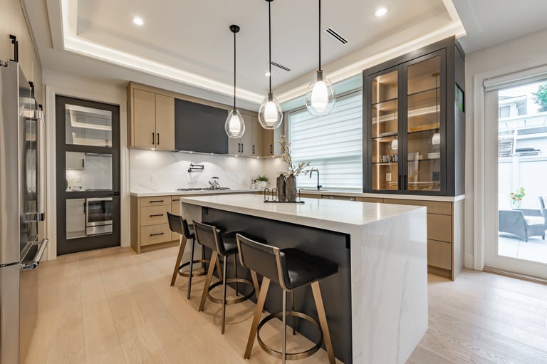 Kitchen interior with white countertops and wooden cabinets