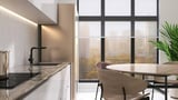 Marble kitchen counter in sunlight