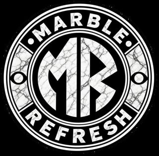 Marble Refresh circular logo with marbled texture lettering and geometric monogram design in black and white