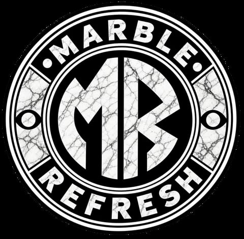 Marble Refresh circular logo with marbled texture lettering and geometric monogram design in black and white