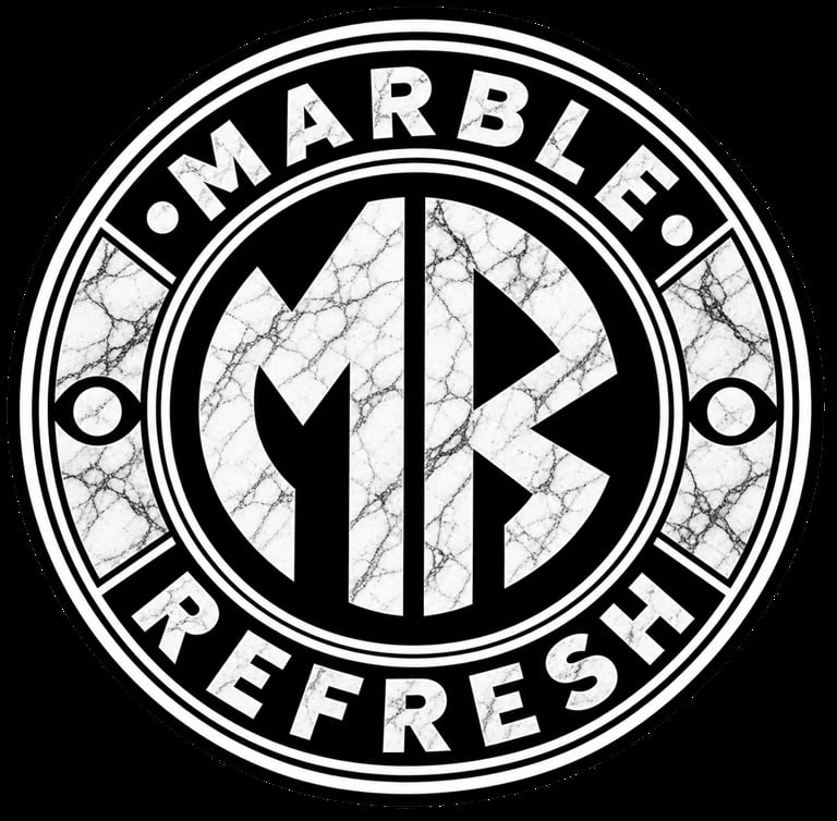Marble Refresh circular logo with marbled texture lettering and geometric monogram design in black and white