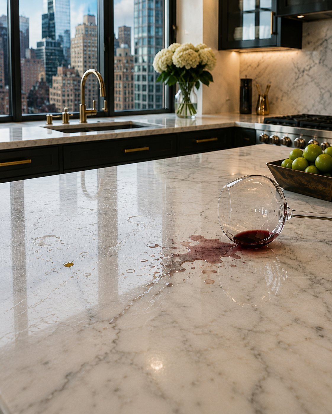 Luxury kitchen with marble countertop, spilled red wine in glass, city skyline view through window, black cabinets with gold hardware