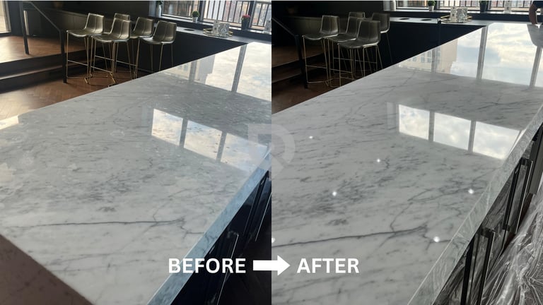 Marble countertop restoration before and after — professional honing and polishing results by Refresh Countertops