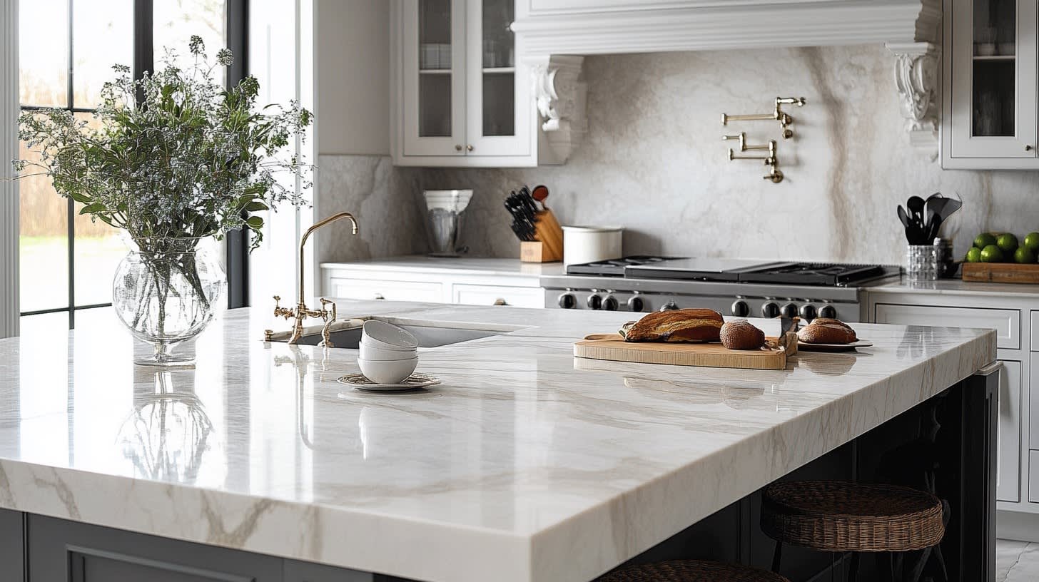 Modern white kitchen with marble countertops