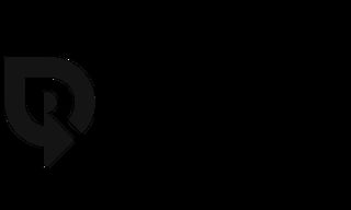 Black logo combining letter R and downward arrow in a geometric design