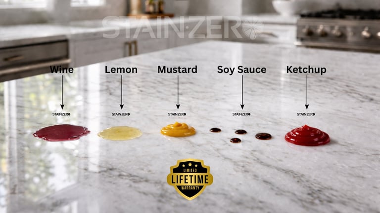Five stain samples on marble counter showing wine, lemon, mustard, soy sauce, and ketchup with StainZero lifetime warranty logo