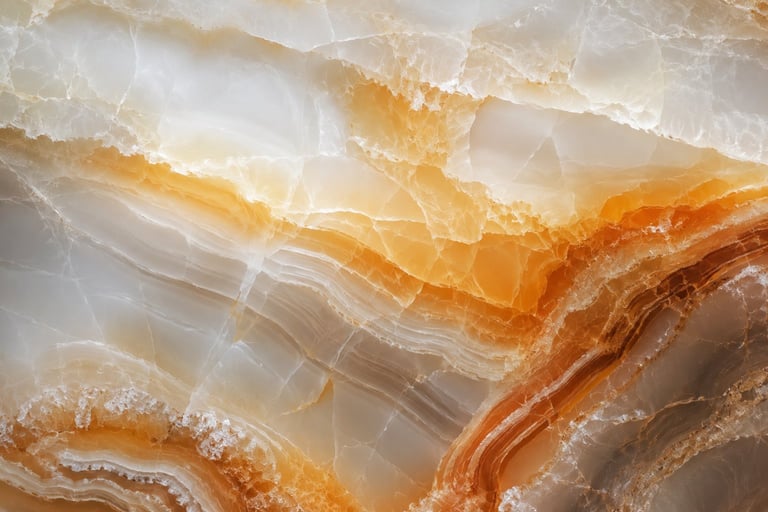 Close-up of banded agate mineral showing layered patterns in cream, gold, and brown tones with crystalline formations